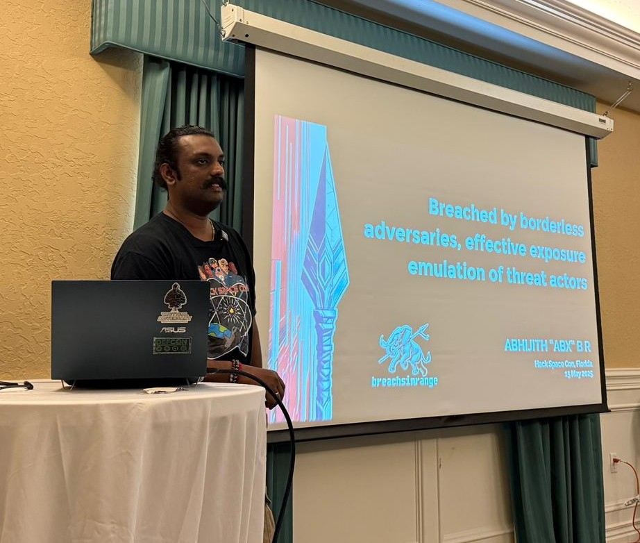 Abhijith B R presenting at Hack Space Con 2025