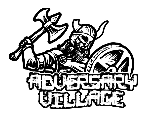 Adversary Village logo, a viking with an axe and shield